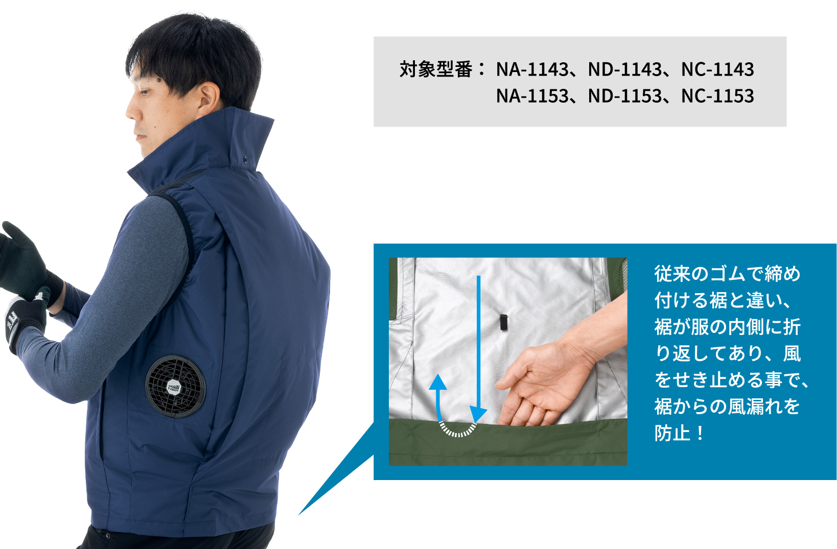 対象型番 ：NA-1143、ND-1143、NC-1143、NA-1153、ND-1153、NC-1153 従来のゴムで締め付ける裾と違い、裾が服の内側に折り返してあり、風をせき止める事で、裾からの風漏れを防止！