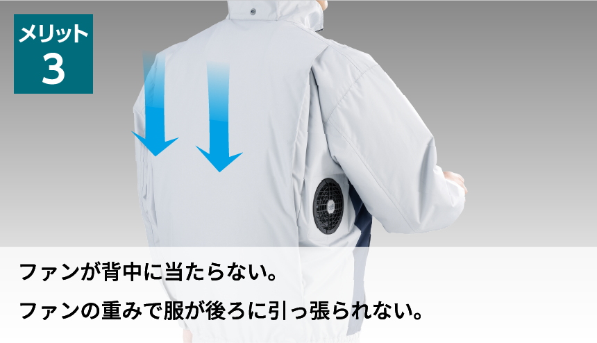 メリット3 ファンが背中に当たらない。ファンの重みで服が後ろに引っ張られない。